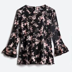 Karl Lagerfeld Yessie Trumpet Sleeve Knit Top Floral Blouse Medium Nwt